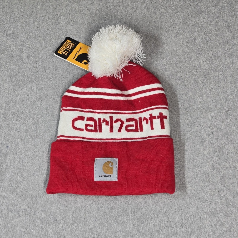 Carhartt Men Beanie ONE SIZE Red Pom Logo Foldover Cuffed Logo Patch NWT